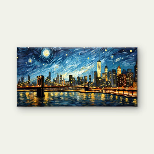 Night Over a New York City Wall Art Canvas Office Home Room Framed 80x45cm