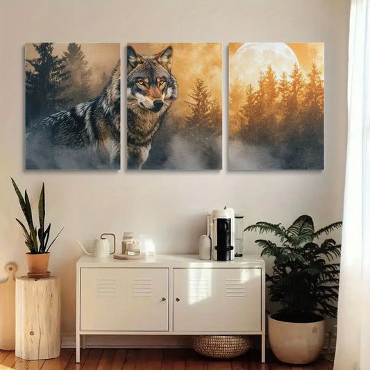 3pcs Piercing Yellow Eyes, Misty Forest & Moonlit Sky Design Metal Print Ready to Hang Art