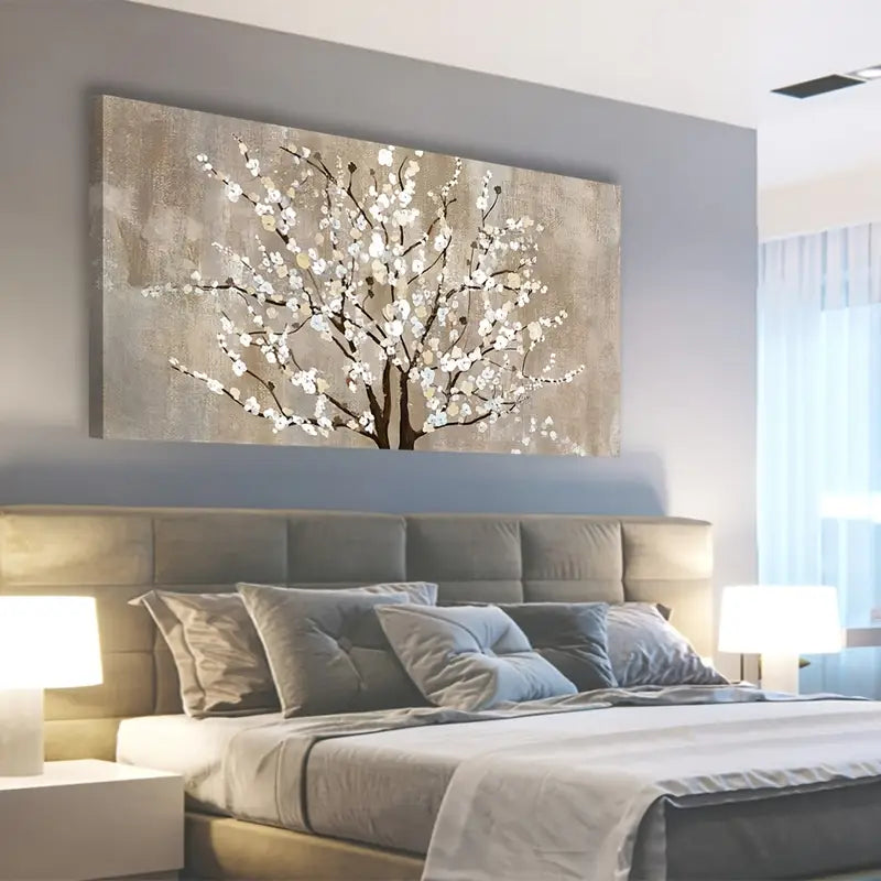 Modern Plum Blossom Elegant Beige Floral Wall Art canvas office home room framed 120x60cm