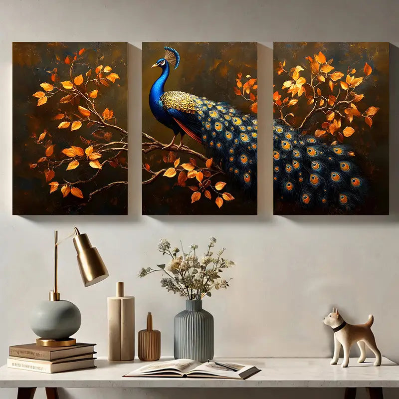 3pcs Peacock and Autumn Leaves Elegant Design Metal Print Ready to Hang Art