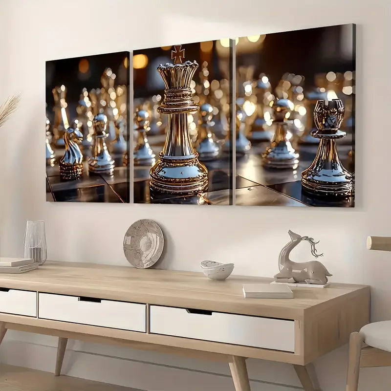3pcs Golden Light Luxury Chess King  Close-Up Art Wall Art Set Canvas Framed 40x60cm - High Quality Print 100% Australian Made Wall Canvas Ready to Hang