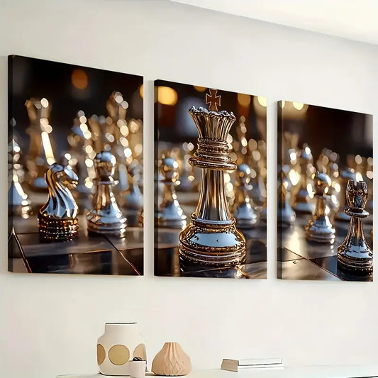 3pcs Golden Light Luxury Chess King  Close-Up Art Wall Art Set Canvas Framed 40x60cm - High Quality Print 100% Australian Made Wall Canvas Ready to Hang