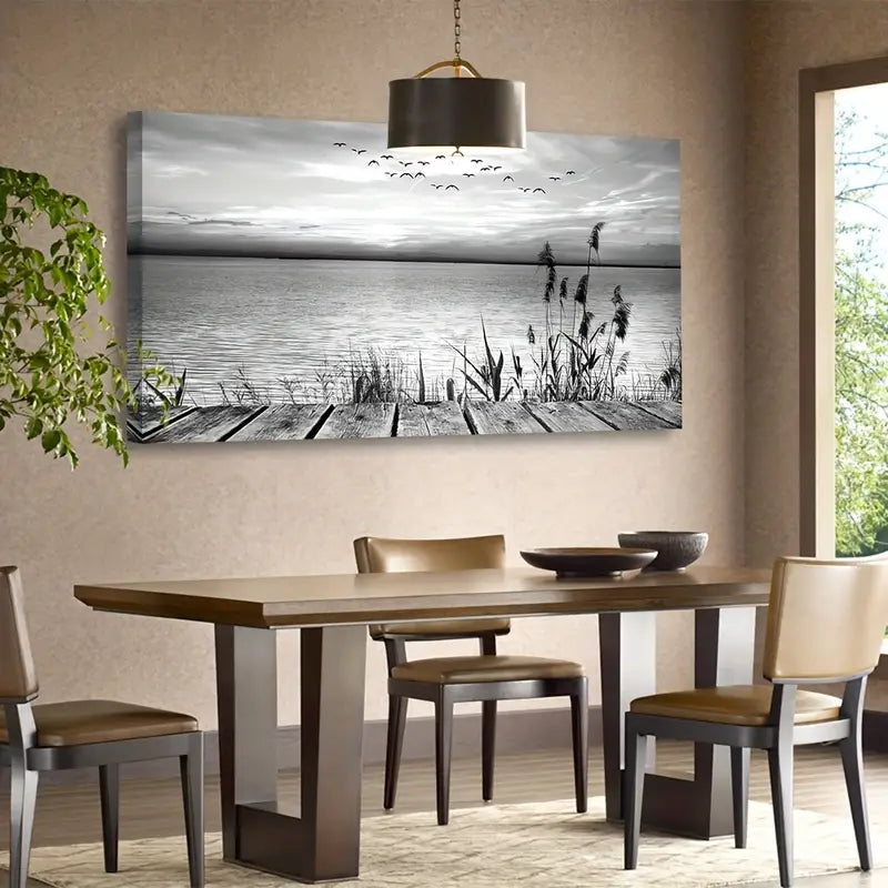 Black White Sunset Lake Flying Birds Nature Wall Art canvas office home room framed 120x60cm