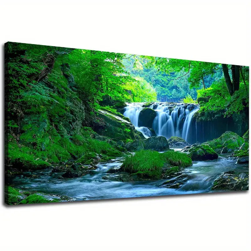 Green Forest Waterfall Nature Wall Art canvas office home room framed 120x60cm