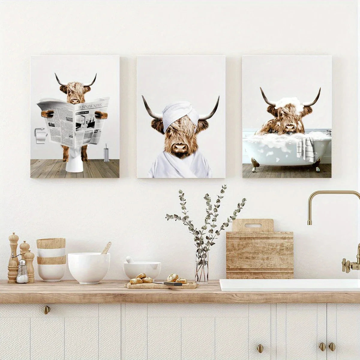3pcs Scottish Highland Cow Funny Bathroom Metal Print Ready to Hang Art