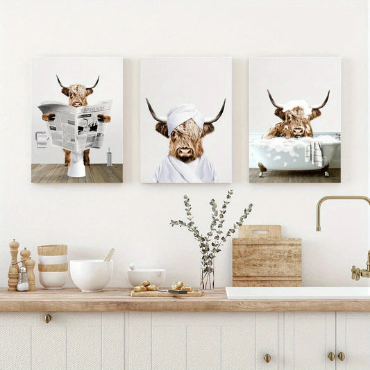 3pcs Scottish Highland Cow Funny Bathroom Metal Print Ready to Hang Art