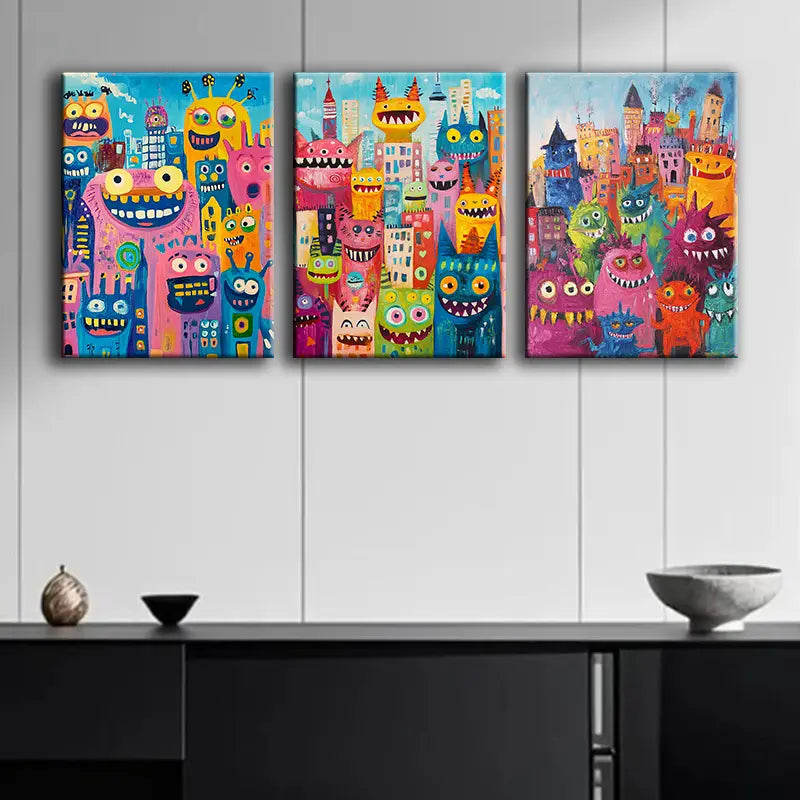 3pcs Vibrant Smiling Monsters Metal Print Ready to Hang Art
