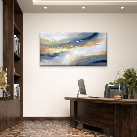 Abstract Blue Fluid Gold Swirl Wall Art Canvas Office Home Framed 80x45cm