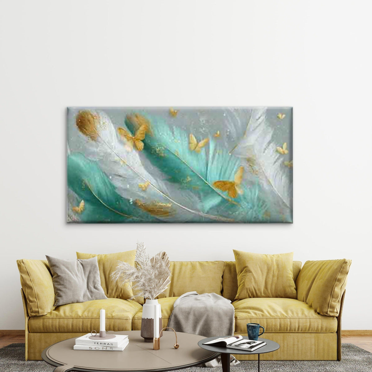 Abstract Feathers And Butterfli Wall Art Canvas Office Home Room Framed 120x60cm