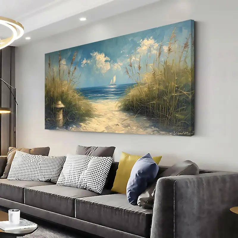 Serene White Sandy Beach Seaside Wall Art canvas office home room framed 120x60cm