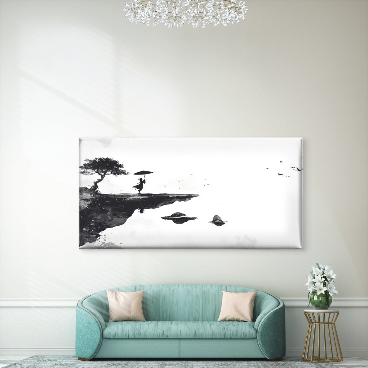 Zen Ink Cliffside Silhouette Wall Art Canvas Office Home Room Framed 120x60cm