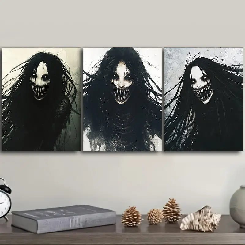 3pcs Black Hair, White Eyes Metal Print Ready to Hang Art