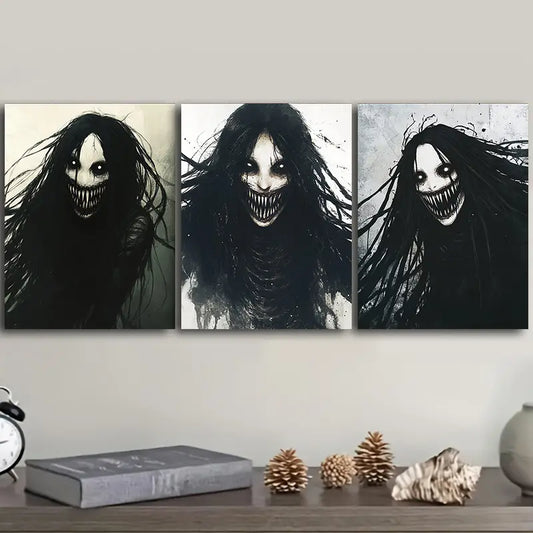 3pcs Black Hair, White Eyes Metal Print Ready to Hang Art