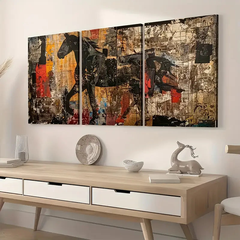 3pcs Vintage Wind Horse Animal Landscape Art Wall Art Set Canvas Framed 40x60cm - High Quality Print 100% Australian Made Wall Canvas Ready to Hang