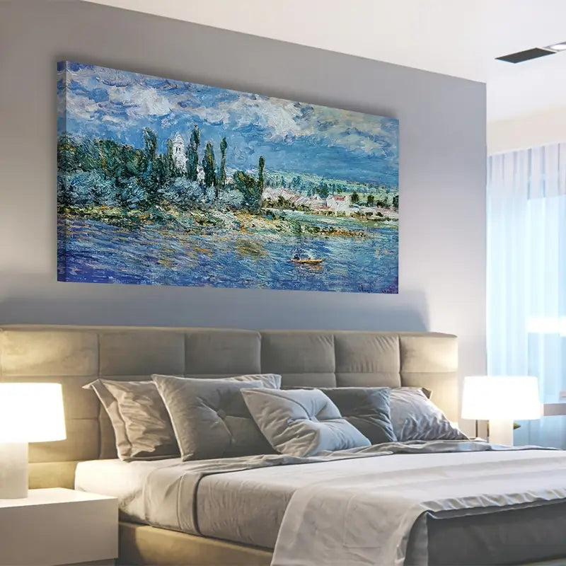 Serene River & Cityscape Scene Wall Art canvas office home room framed 120x60cm