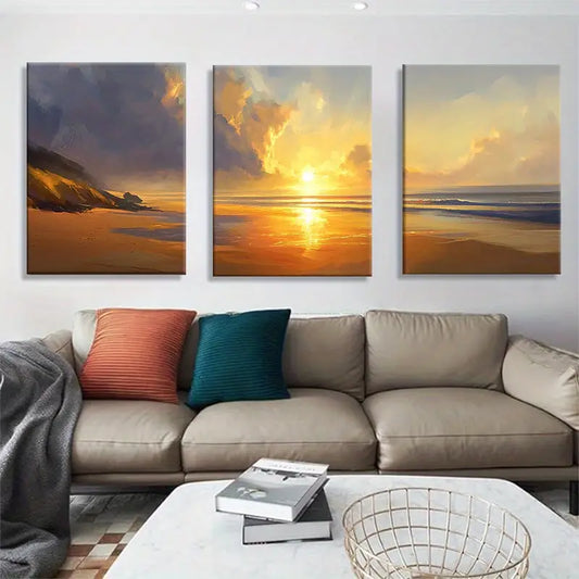 3pcs Majestic Beachscape with Golden Hour Sunlight Metal Print Ready to Hang Art