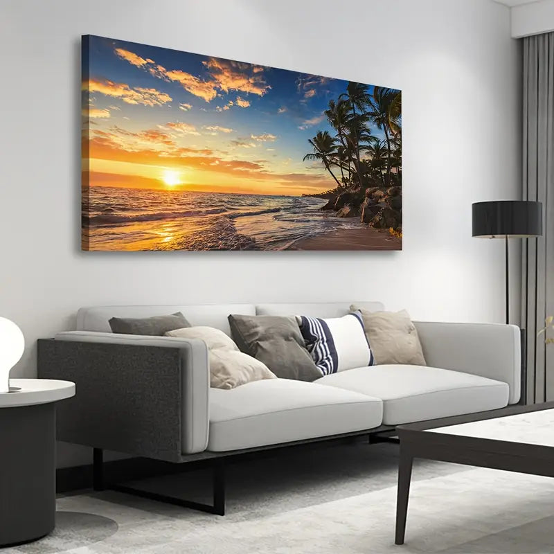 Tropical Sunset Beach Palm Trees Ocean Waves & Sandy Wall Art canvas office home room framed 120x60cm