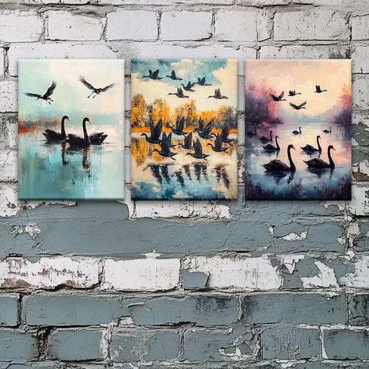 3pcs Watercolor Charming Black Swan Painting Metal Print Ready to Hang Art