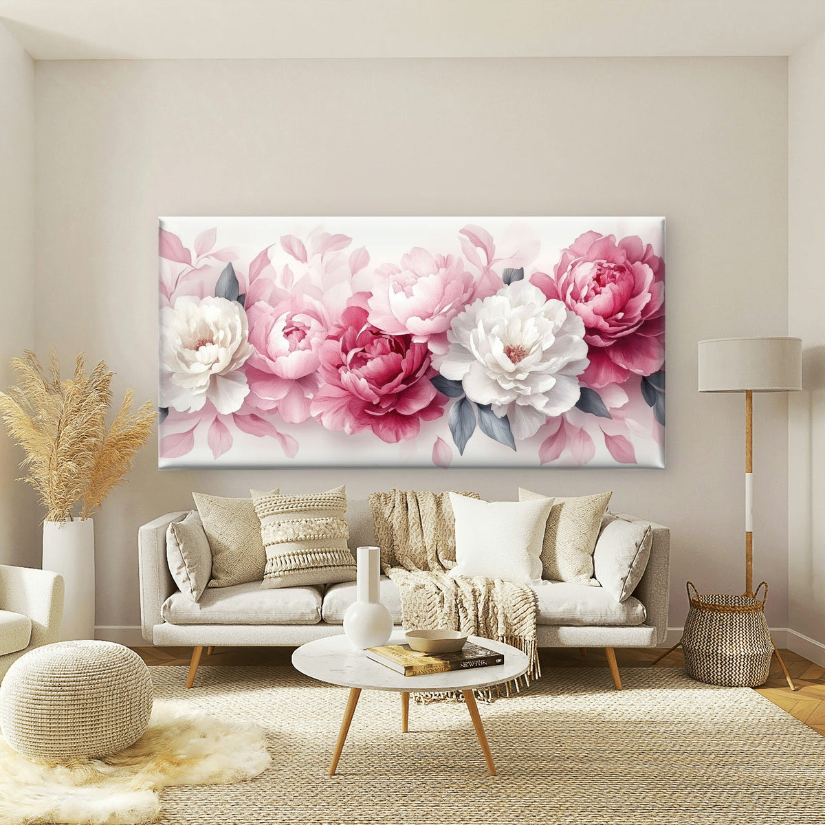 Pink And White Peony Flowers Wall Art Canvas Office Home Room Framed 80x45cm