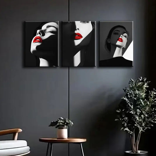 3pcs Elegant Woman in Red Lipstick Metal Print Ready to Hang Art