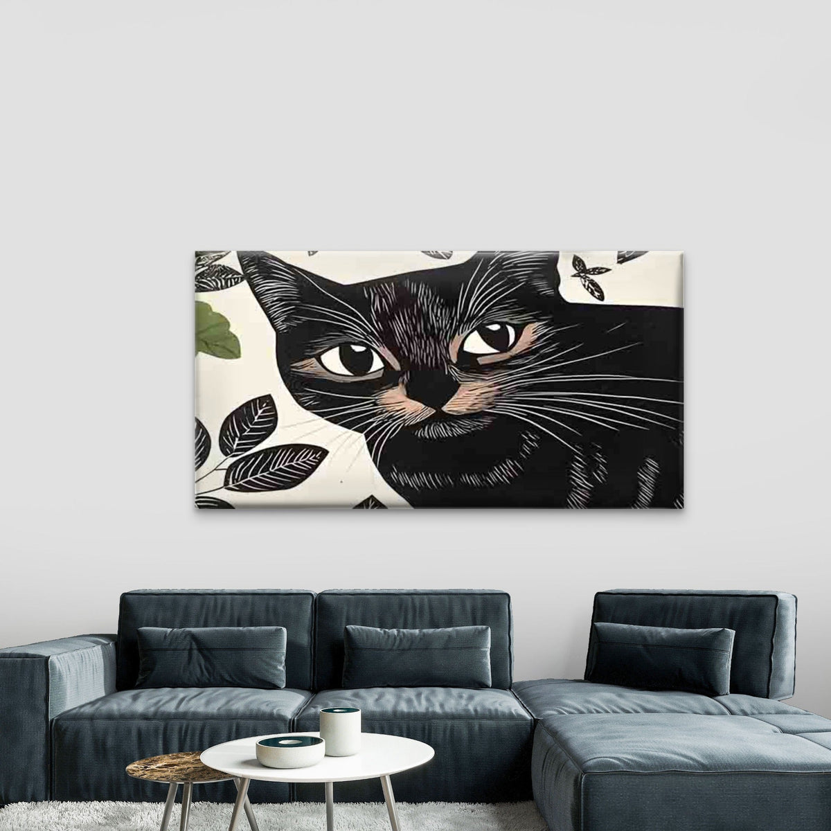 Black Cat And Leaf Pattern Wall Art Canvas Office Home Room Framed 80x45cm