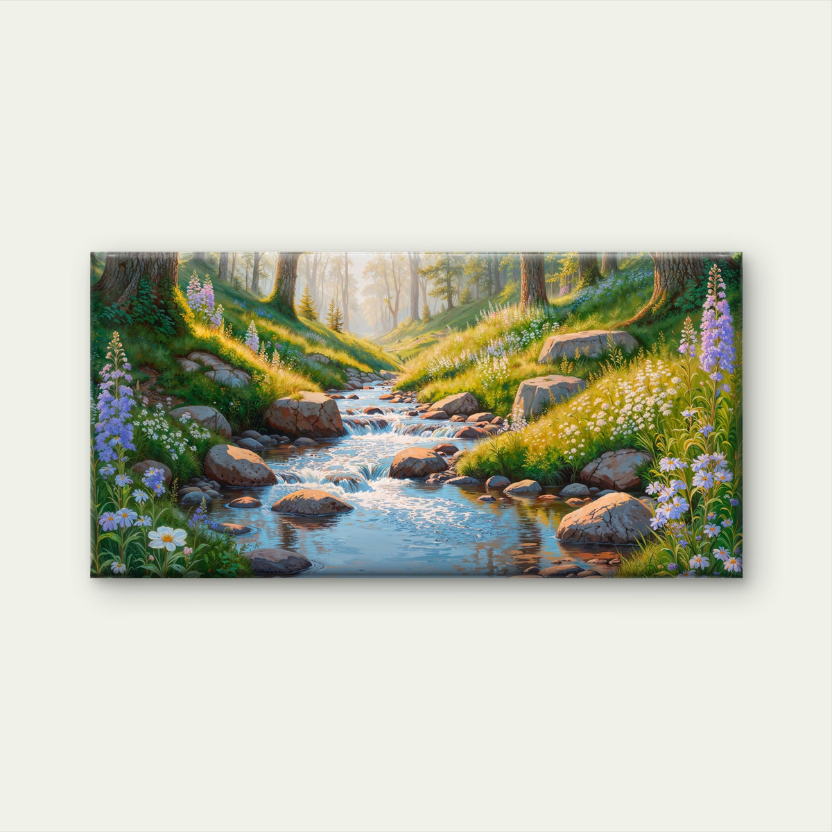 Lush Valley Stream With Wildflowers And Sunlit Rocks Landscape Wall Art Canvas Office Home Room Framed 80x45cm