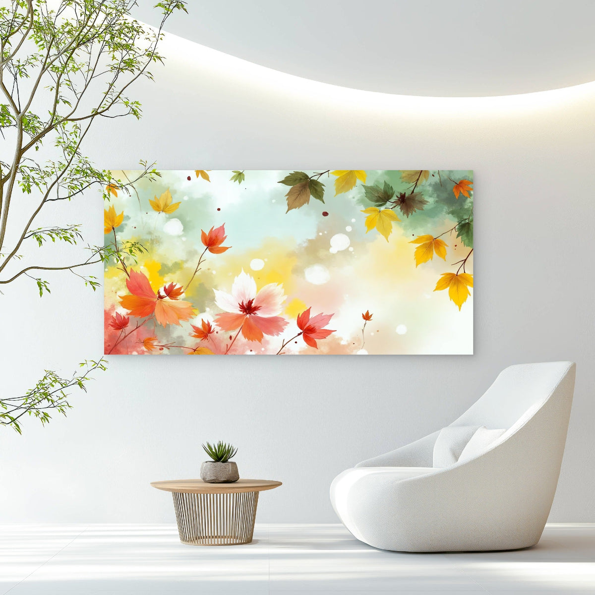 Golden Autumn Floral Watercolor Wall Art Canvas Office Home Room Framed 80x45cm