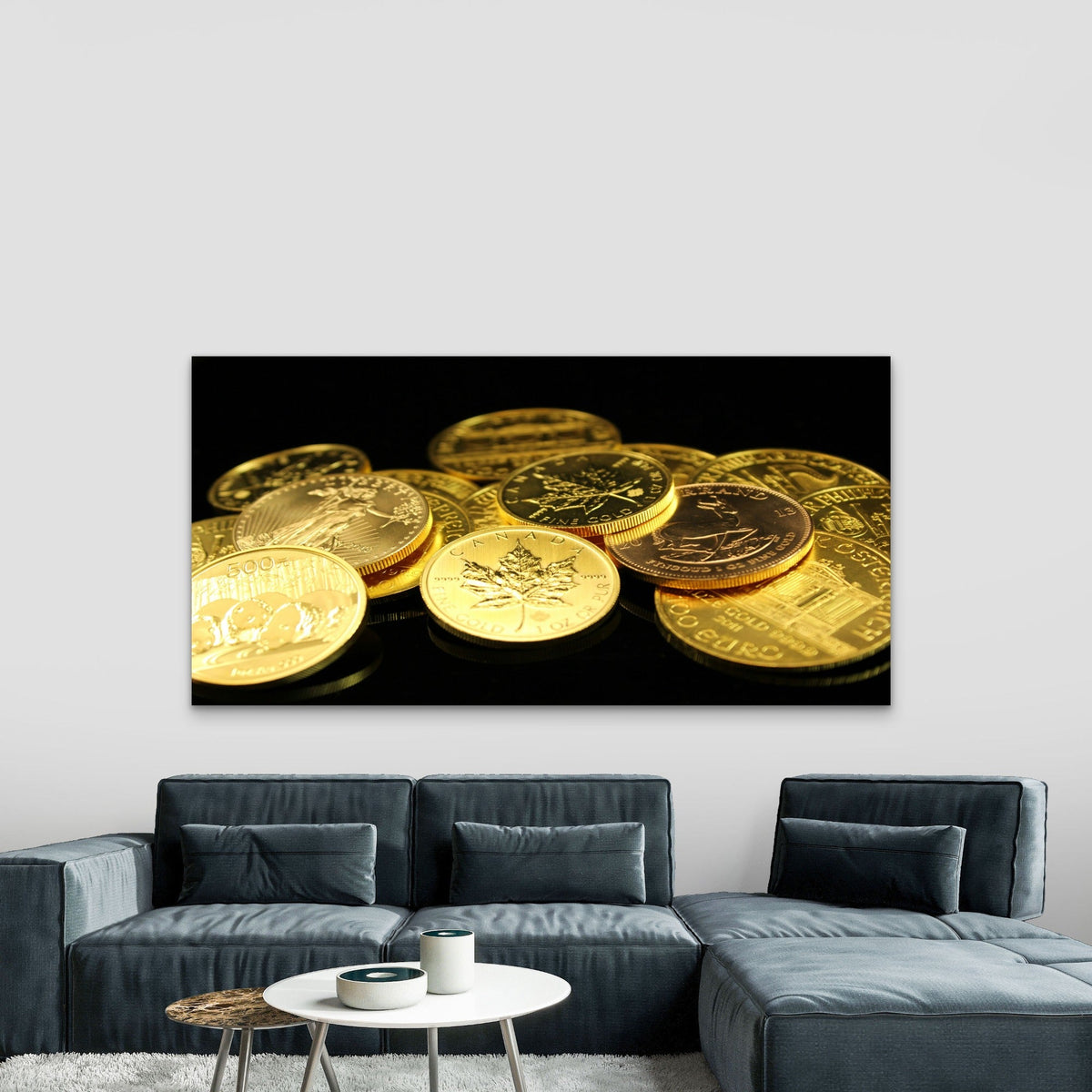 Pile Of Golden Bullion Coins Wall Art Canvas Office Home Room Framed 80x45cm