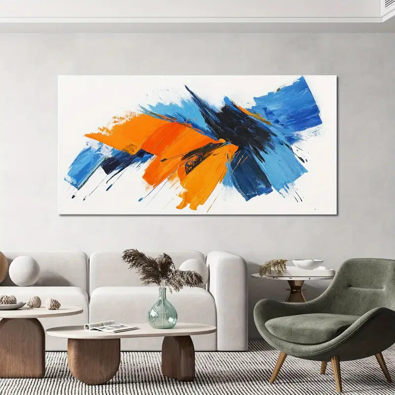 Abstract Vibrant Brushstrokes Blue White Yellow Wall Art canvas office home room framed 120x60cm