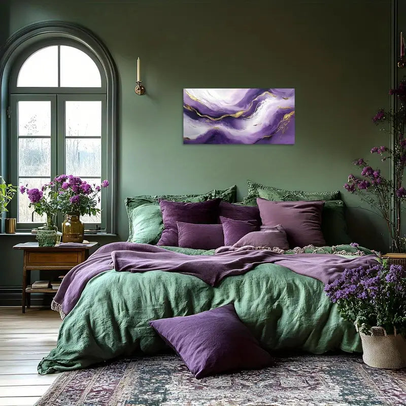 Purple & Golden Waves Abstract Wall Art canvas office home room framed 120x60cm