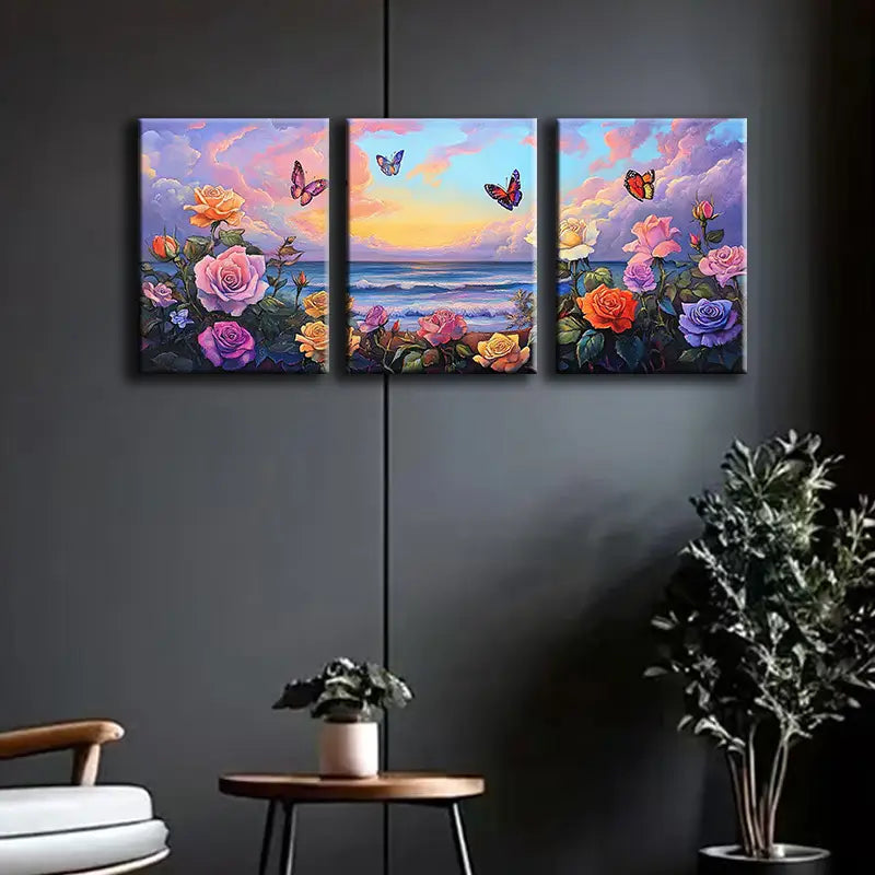 3pcs Roses and Butterflies on the Beach Scene Metal Print Ready to Hang Art