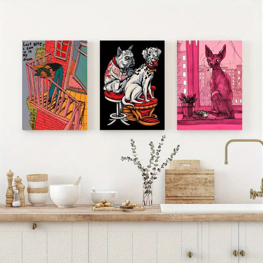 3pcs Dog tattoos, mischievous cats Cartoon Painting Metal Print Ready to Hang Art