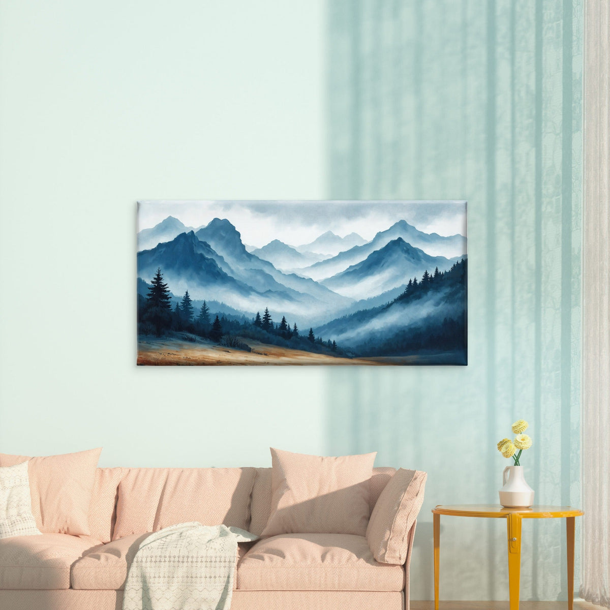 Misty Pine Forest Blue Mountain Wall Art Canvas Office Home Room Framed 120x60cm