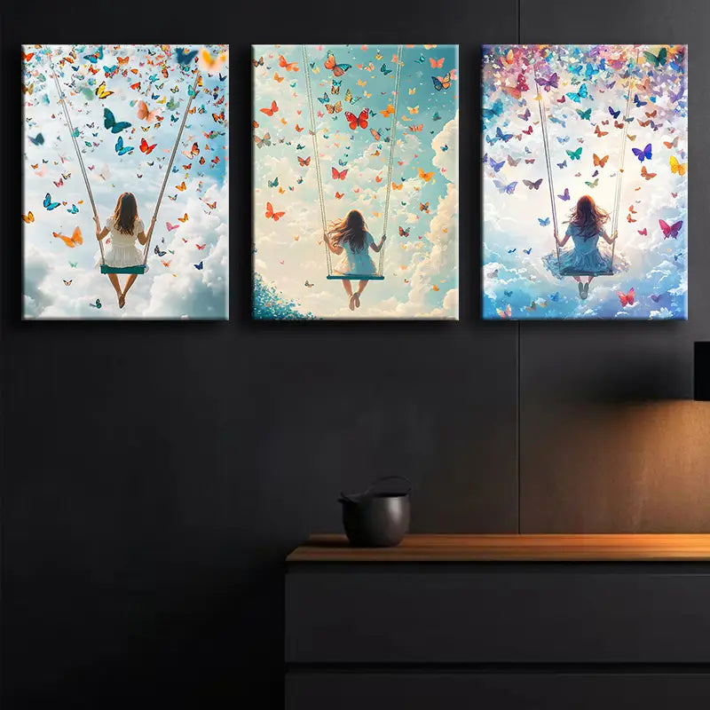 3pcs A Girl on a Swing Metal Print Ready to Hang Art