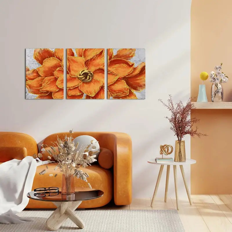3pcs Orange and Golden Floral Giclee Wall Art Set Canvas Framed 40x60cm - High Quality Print 100% Australian Made Wall Canvas Ready to Hang