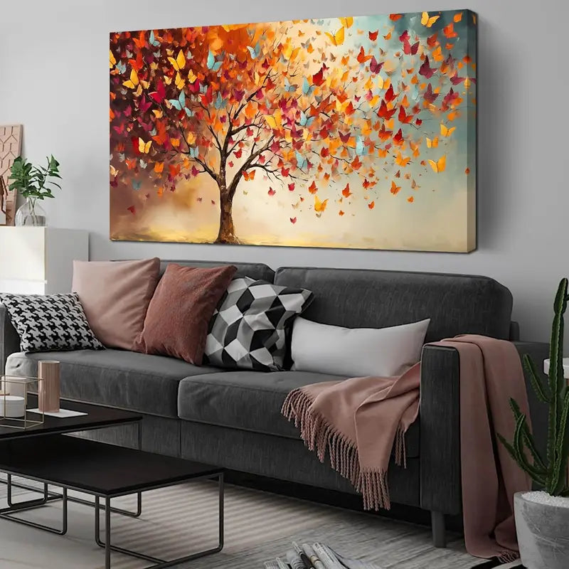 Vibrant Abstract Tree with Colorful Butterflies Wall Art canvas office home room framed 120x60cm