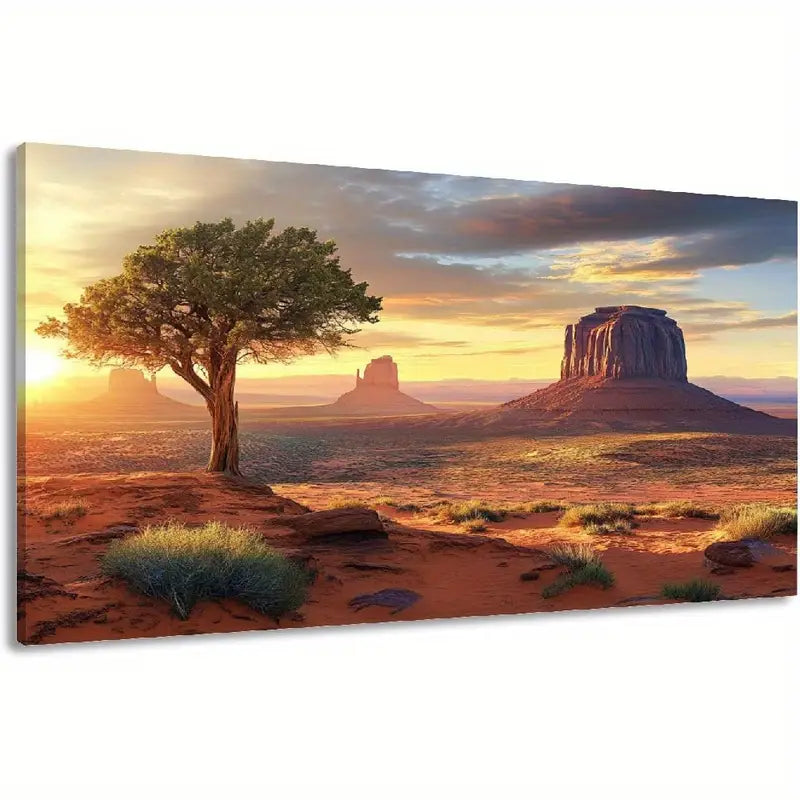 Scenic Dawn Scenery Desert Solitary Tree Rock Formations Wall Art canvas office home room framed 120x60cm