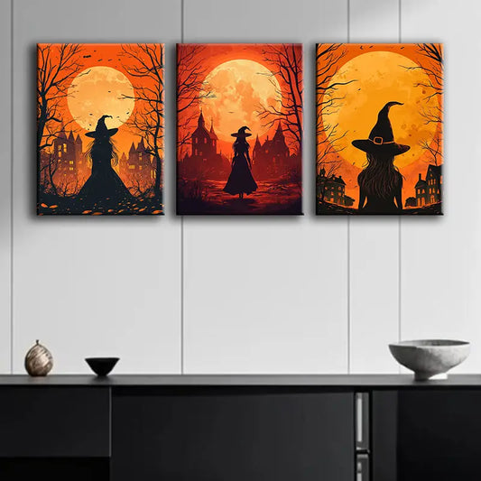 3pcs Witch at Sunset Metal Print Ready to Hang Art