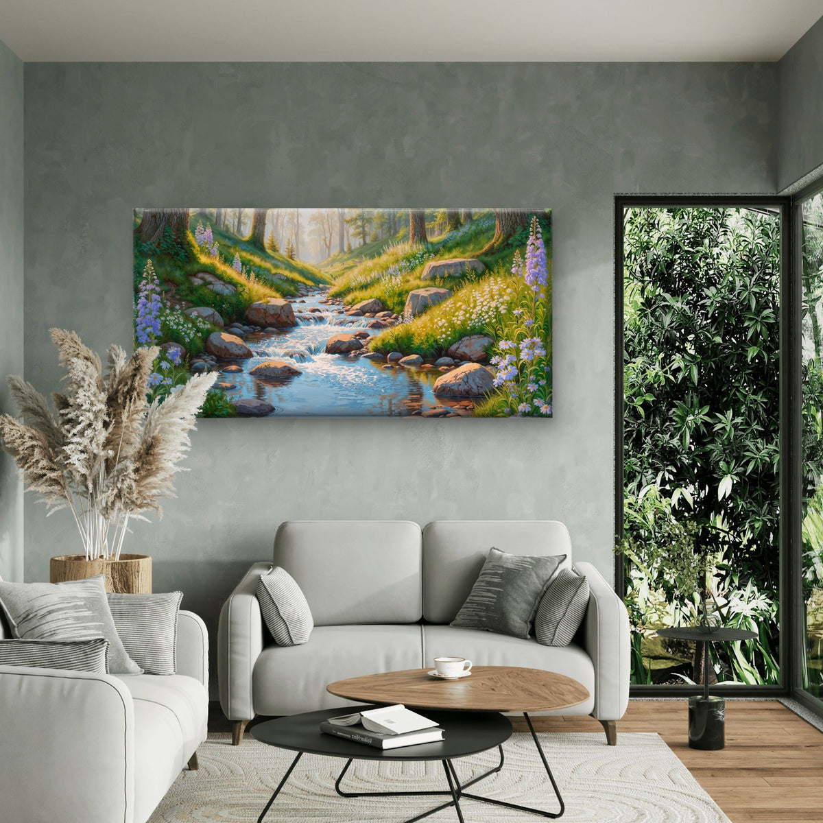 Lush Valley Stream With Wildflowers And Sunlit Rocks Landscape Wall Art Canvas Office Home Room Framed 80x45cm
