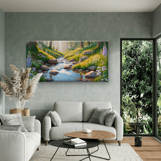 Lush Valley Stream With Wildflowers And Sunlit Rocks Landscape Wall Art Canvas Office Home Room Framed 80x45cm