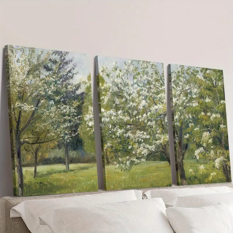 3pcs Vintage Spring Apple Blossom Landscape Wall Art Set Canvas Framed 40x60cm - High Quality Print 100% Australian Made Wall Canvas Ready to Hang