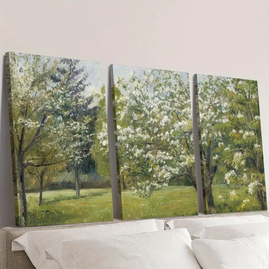 3pcs Vintage Spring Apple Blossom Landscape Wall Art Set Canvas Framed 40x60cm - High Quality Print 100% Australian Made Wall Canvas Ready to Hang