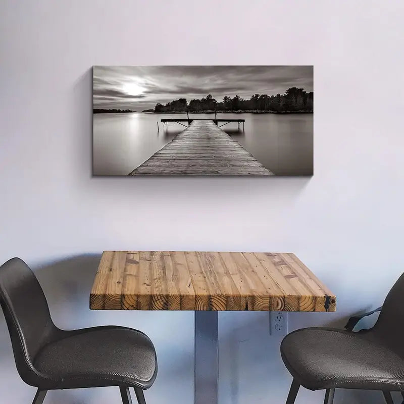 Modern Dock Scene Lake Trees Sun Wall Art canvas office home room framed 120x60cm