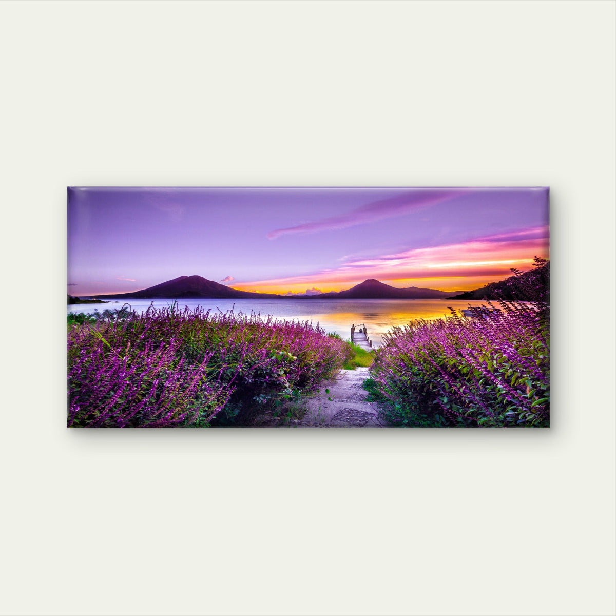 Purple Flowers By The Lake Wall Art Canvas Office Home Room Framed 80x45cm