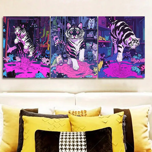 3pcs Featuring a Black And White Tiger Adorned with Pink Spots Metal Print Ready to Hang Art