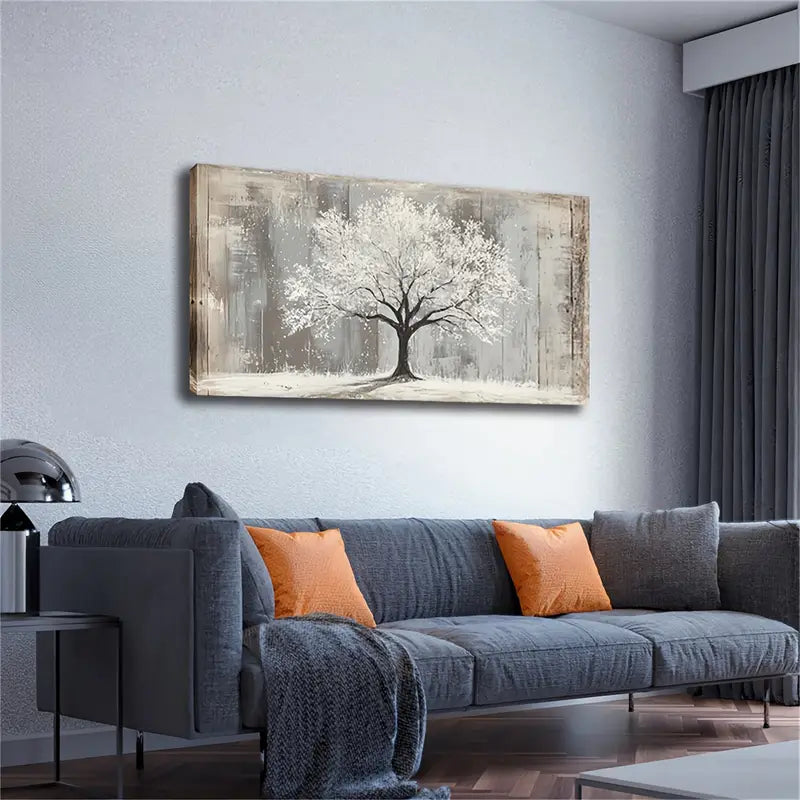 Minimalist White Tree on Grey Wall Art Canvas Office Home Room Framed 120x60cm