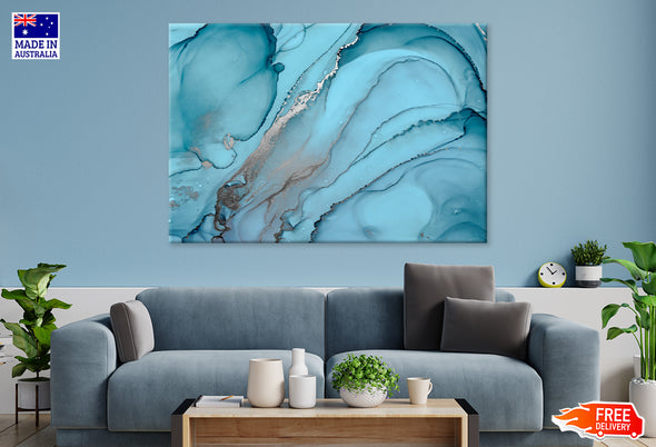 Grey & Blue Fluid Abstract Print 100% Australian Made Stretched Canvas Ready to Hang  - AB-130