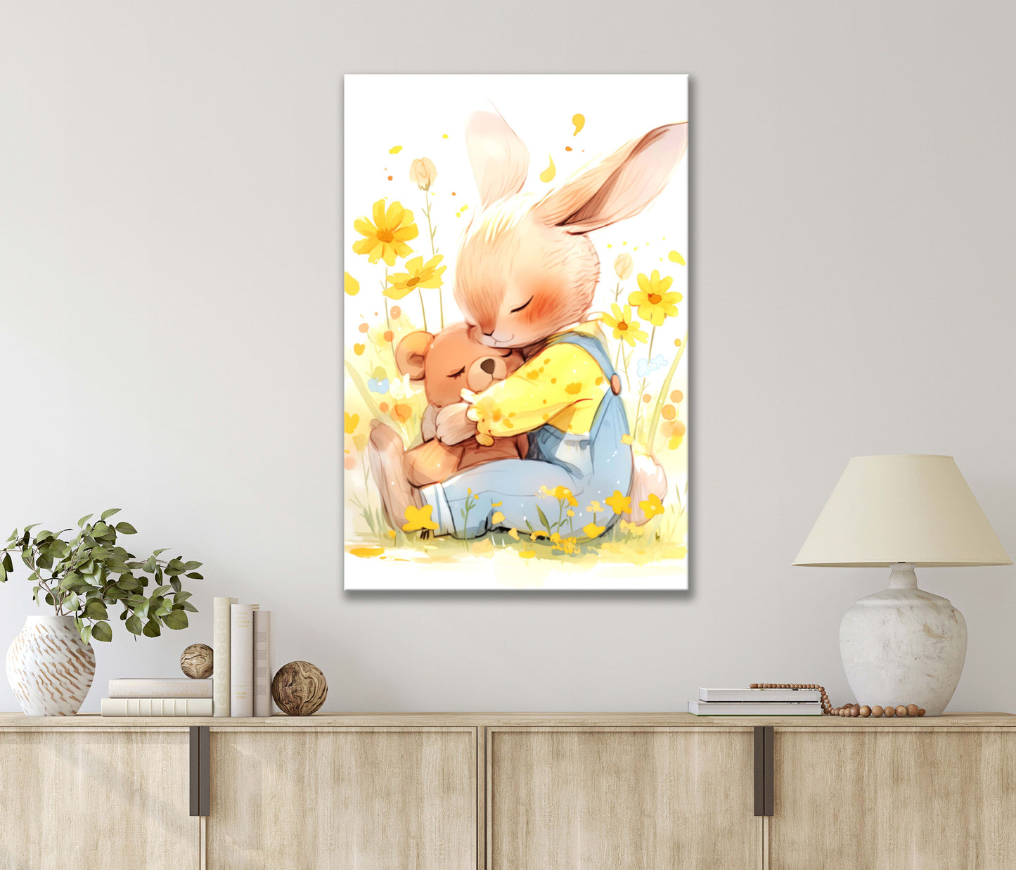 Little Bunny Hugging a Teddy Bear in A Field of Flowers Print 100% Australian Made 40x60cm Stretched Canvas Ready to Hang