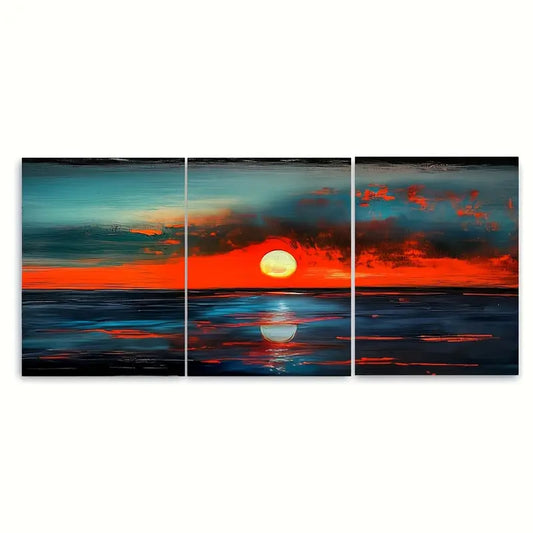 3pcs Sunset Ocean Seascape Teal & Orange Metal Print Ready to Hang Art