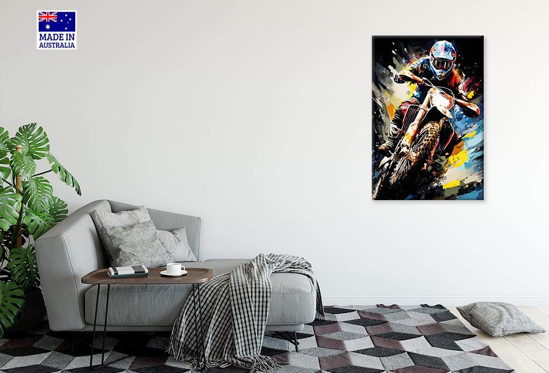 Vibrant Action of Motocross Rider Print 100% Australian Made 40x60cm Stretched Canvas Ready to Hang